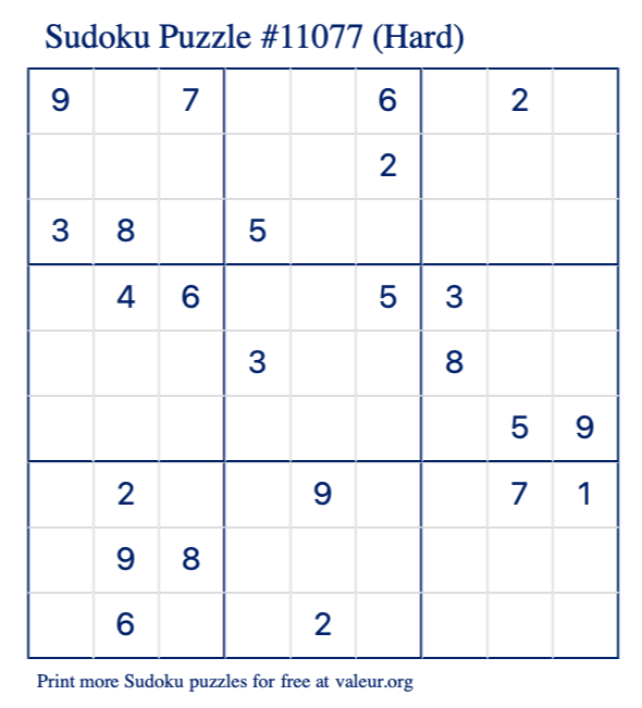 Free Printable Hard Sudoku Puzzle number 11077