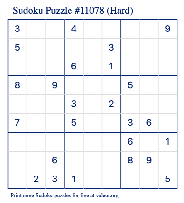 Free Printable Hard Sudoku Puzzle number 11078