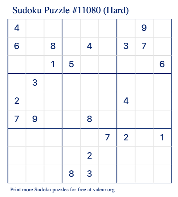 Free Printable Hard Sudoku Puzzle number 11080