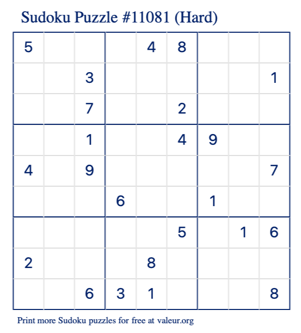 Free Printable Hard Sudoku Puzzle number 11081