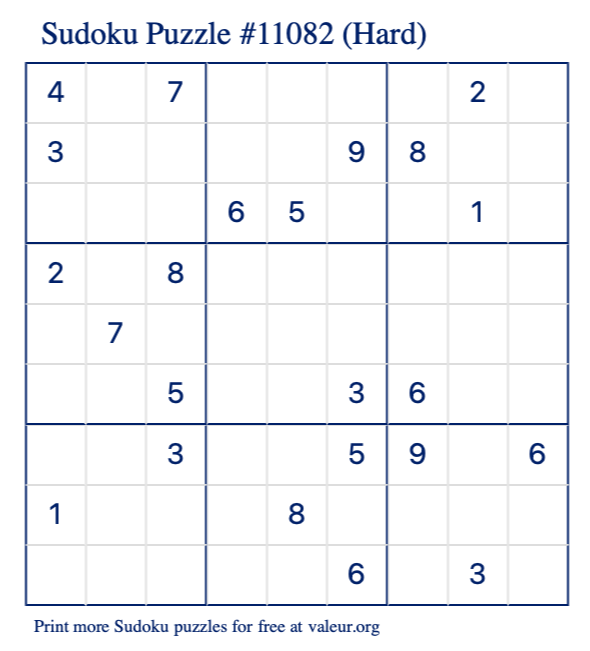Free Printable Hard Sudoku Puzzle number 11082