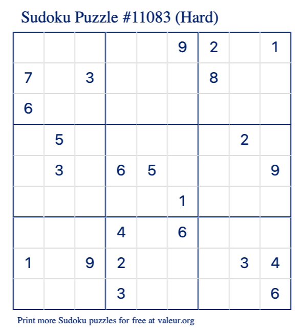 Free Printable Hard Sudoku Puzzle number 11083