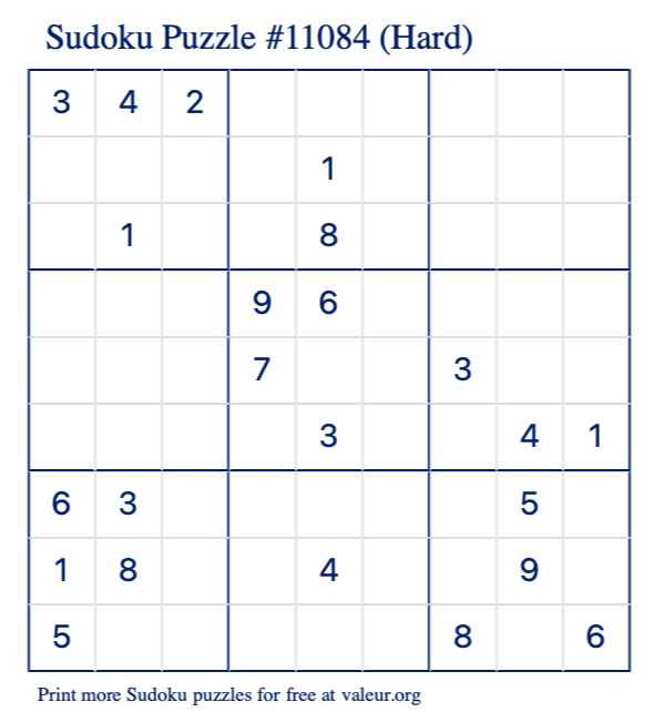 Free Printable Hard Sudoku Puzzle number 11084