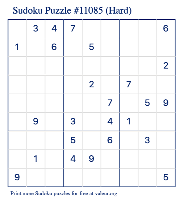 Free Printable Hard Sudoku Puzzle number 11085