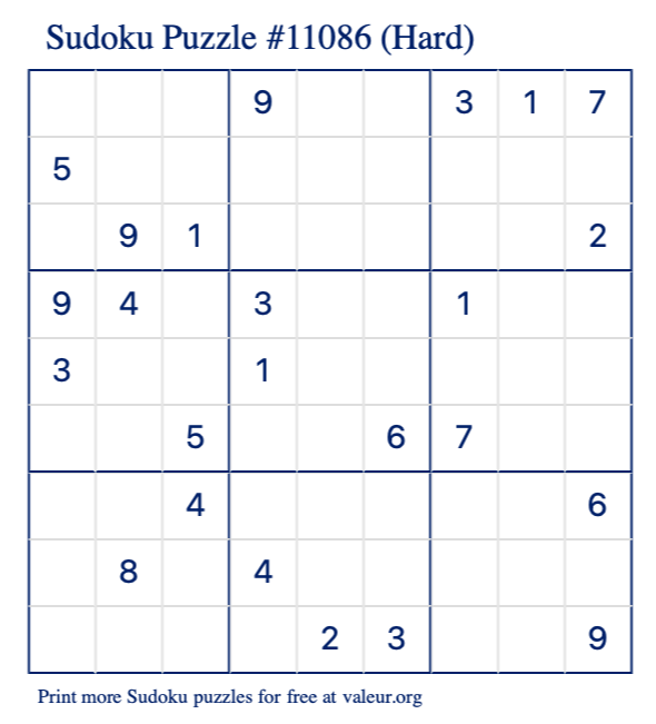 Free Printable Hard Sudoku Puzzle number 11086