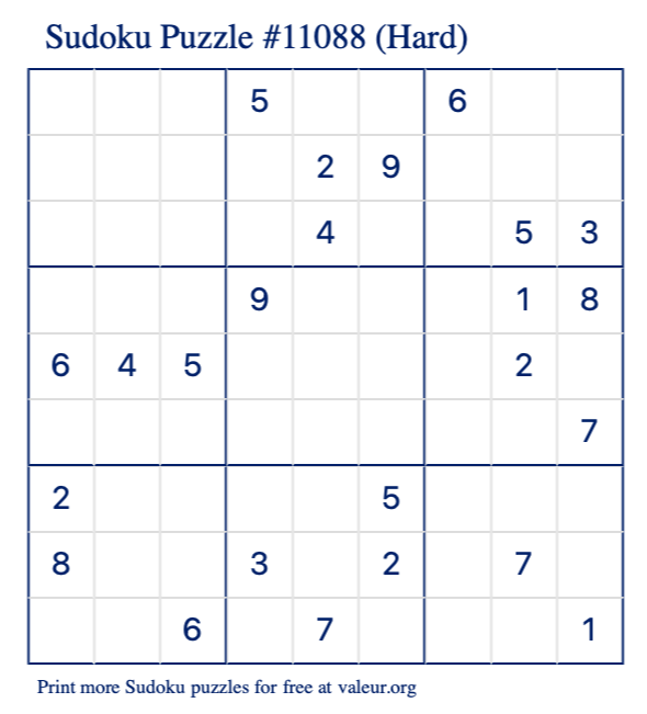 Free Printable Hard Sudoku Puzzle number 11088