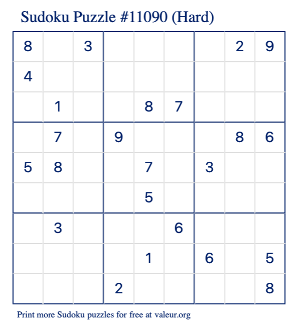 Free Printable Hard Sudoku Puzzle number 11090