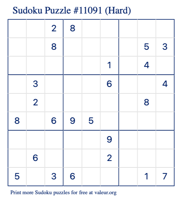 Free Printable Hard Sudoku Puzzle number 11091