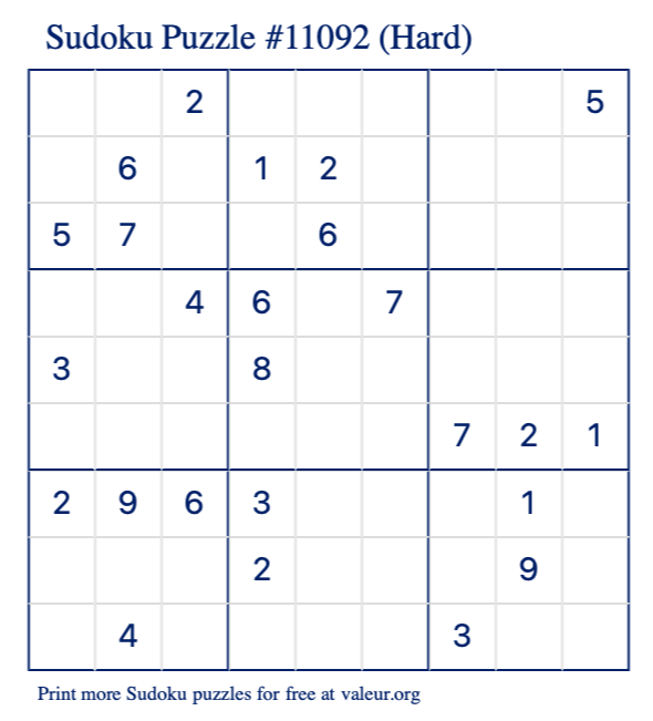 Free Printable Hard Sudoku Puzzle number 11092