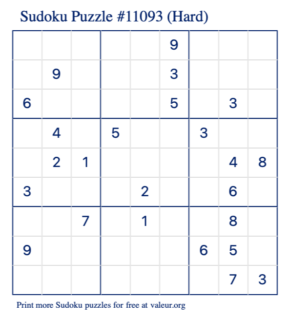 Free Printable Hard Sudoku Puzzle number 11093