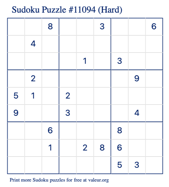 Free Printable Hard Sudoku Puzzle number 11094