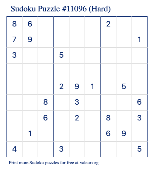 Free Printable Hard Sudoku Puzzle number 11096
