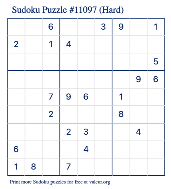 Free Printable Hard Sudoku Puzzle number 11097