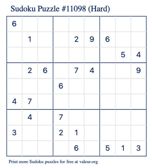 Free Printable Hard Sudoku Puzzle number 11098