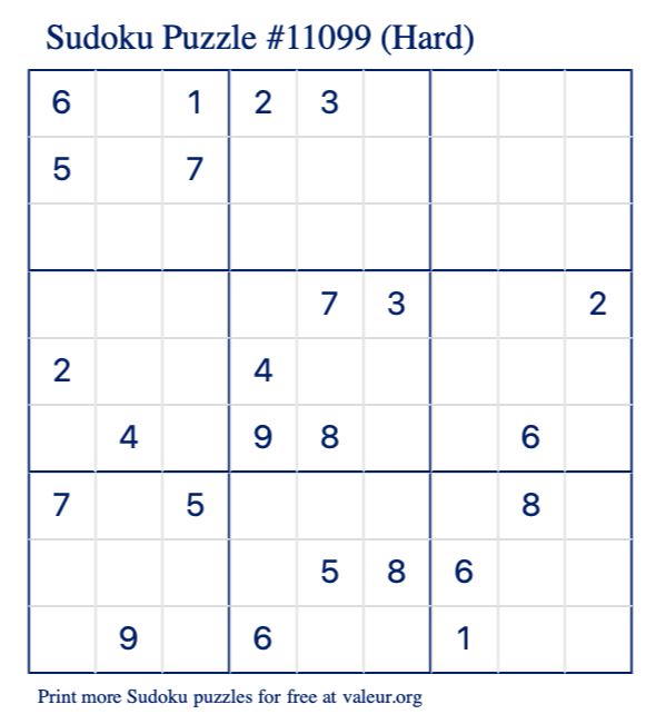 Free Printable Hard Sudoku Puzzle number 11099