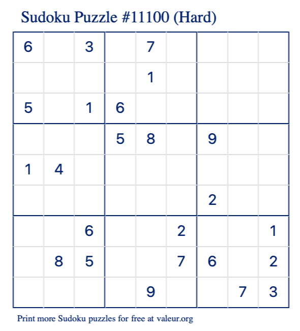 Free Printable Hard Sudoku Puzzle number 11100