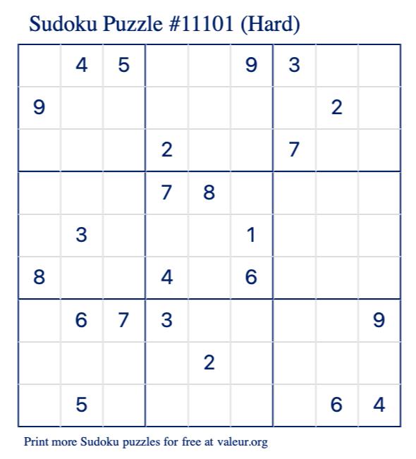 Free Printable Hard Sudoku Puzzle number 11101