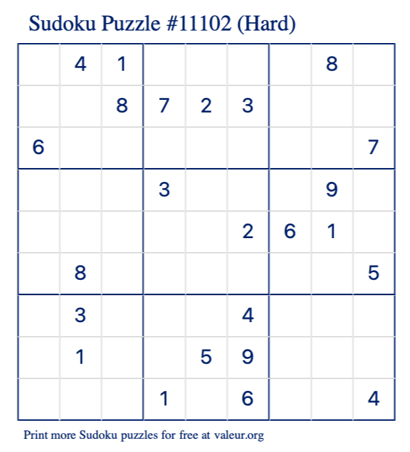Free Printable Hard Sudoku Puzzle number 11102