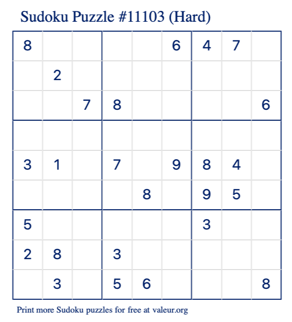 Free Printable Hard Sudoku Puzzle number 11103