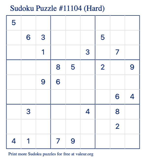 Free Printable Hard Sudoku Puzzle number 11104