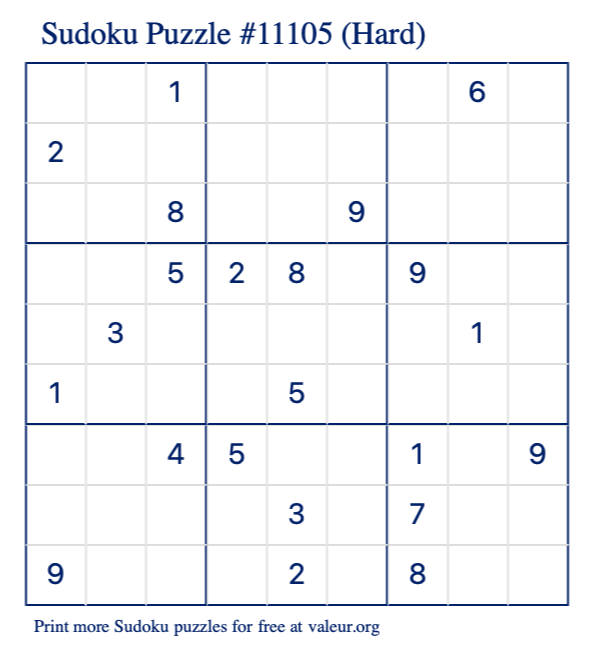 Free Printable Hard Sudoku Puzzle number 11105