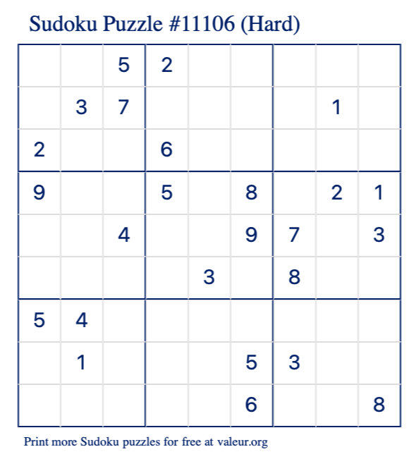 Free Printable Hard Sudoku Puzzle number 11106