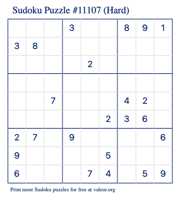 Free Printable Hard Sudoku Puzzle number 11107