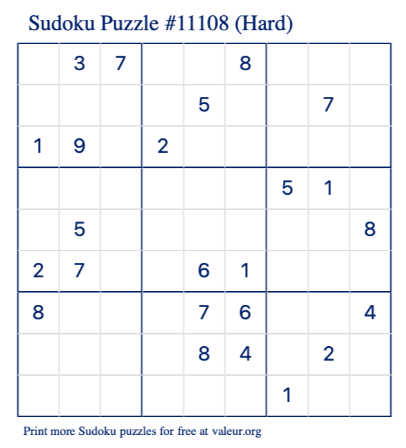 Free Printable Hard Sudoku Puzzle number 11108