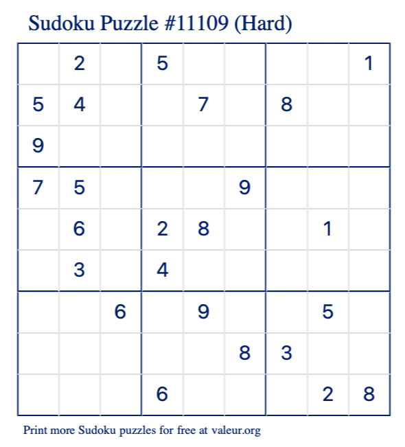 Free Printable Hard Sudoku Puzzle number 11109