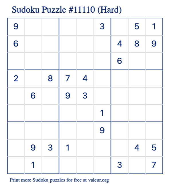 Free Printable Hard Sudoku Puzzle number 11110