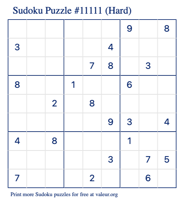 Free Printable Hard Sudoku Puzzle number 11111