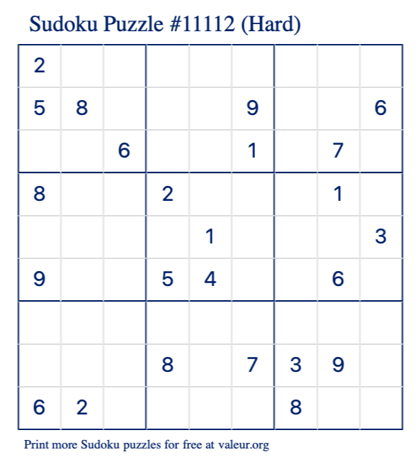 Free Printable Hard Sudoku Puzzle number 11112