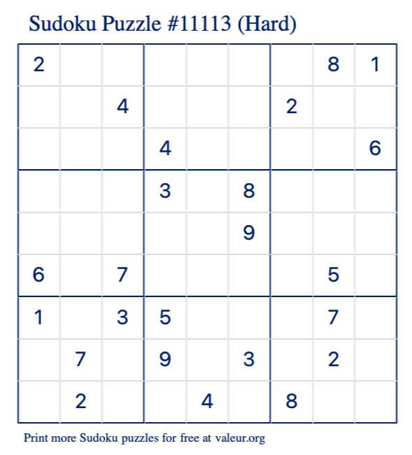 Free Printable Hard Sudoku Puzzle number 11113