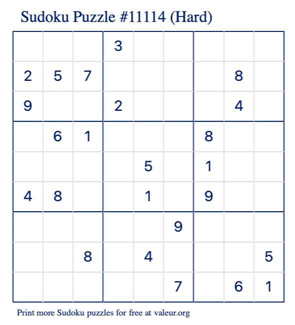 Free Printable Hard Sudoku Puzzle number 11114