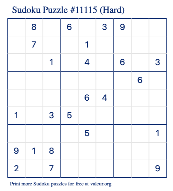 Free Printable Hard Sudoku Puzzle number 11115