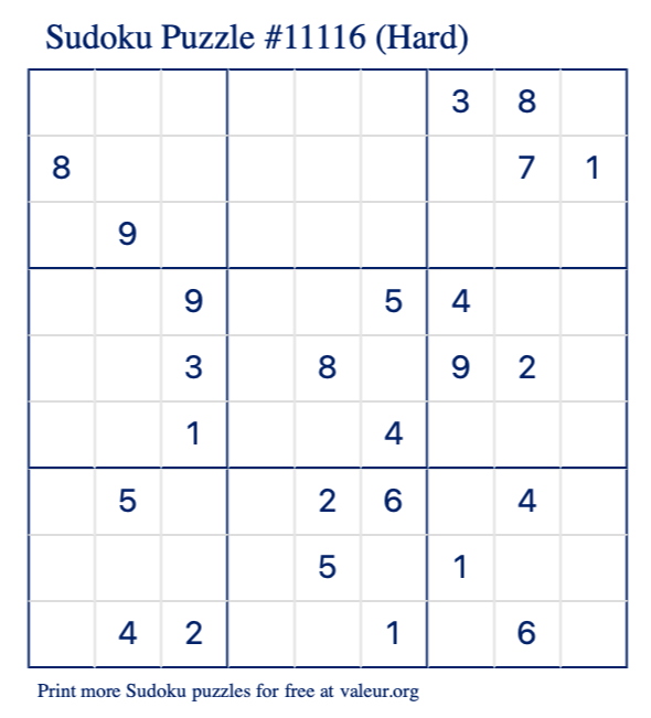 Free Printable Hard Sudoku Puzzle number 11116