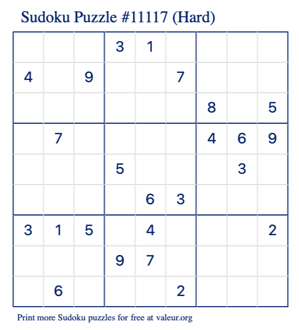 Free Printable Hard Sudoku Puzzle number 11117