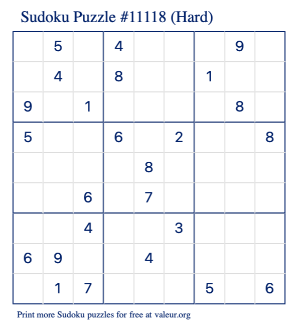 Free Printable Hard Sudoku Puzzle number 11118