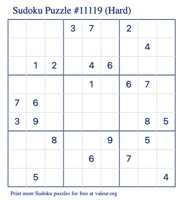 Free Printable Hard Sudoku Puzzle number 11119