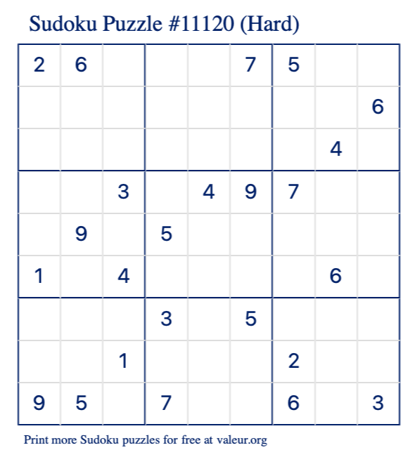 Free Printable Hard Sudoku Puzzle number 11120