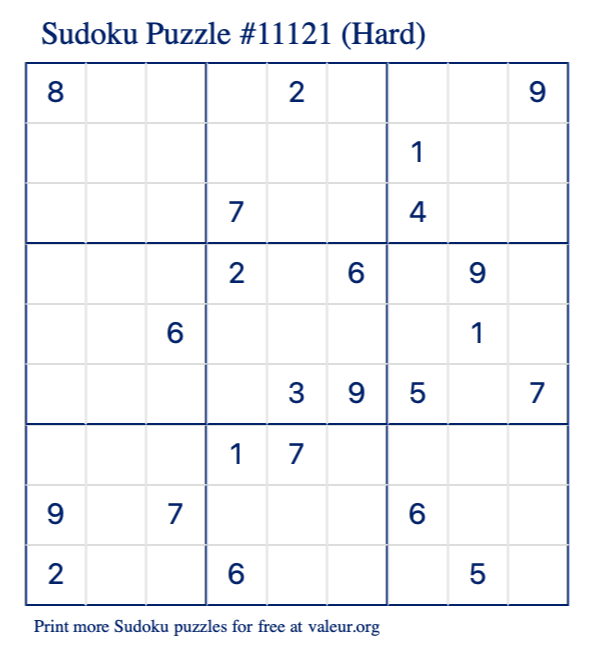 Free Printable Hard Sudoku Puzzle number 11121