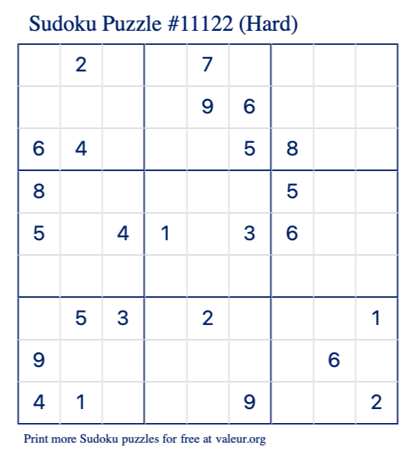 Free Printable Hard Sudoku Puzzle number 11122
