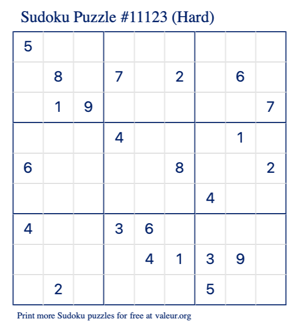 Free Printable Hard Sudoku Puzzle number 11123