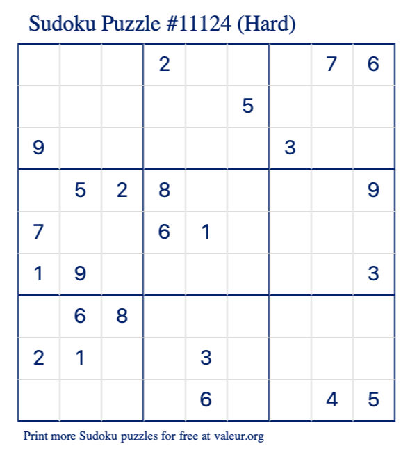 Free Printable Hard Sudoku Puzzle number 11124