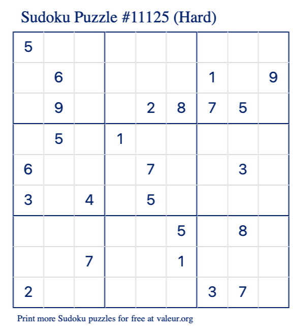 Free Printable Hard Sudoku Puzzle number 11125