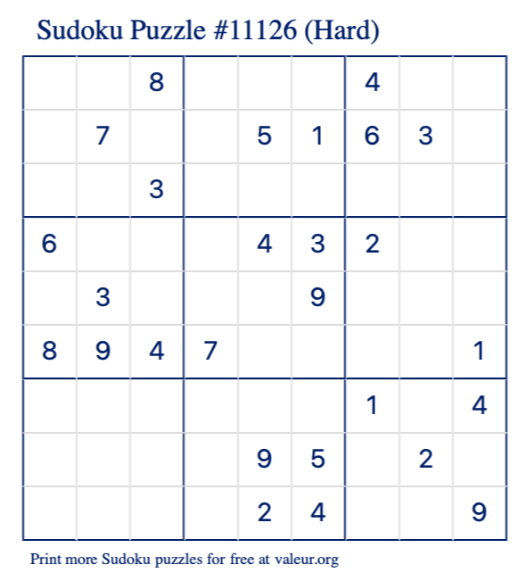 Free Printable Hard Sudoku Puzzle number 11126