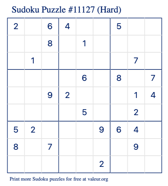 Free Printable Hard Sudoku Puzzle number 11127