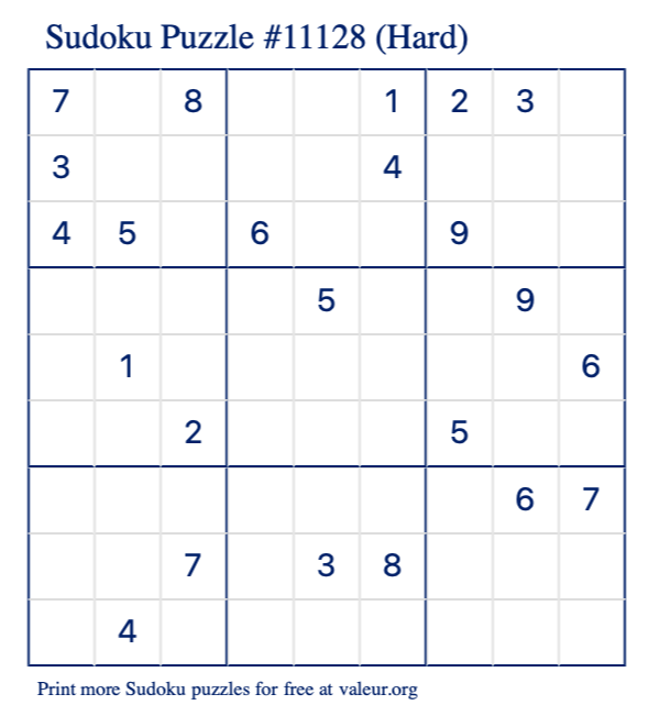 Free Printable Hard Sudoku Puzzle number 11128