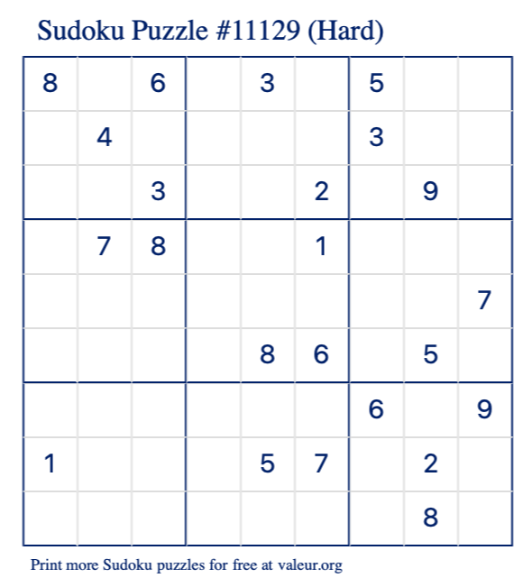 Free Printable Hard Sudoku Puzzle number 11129