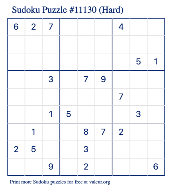 Free Printable Hard Sudoku Puzzle number 11130